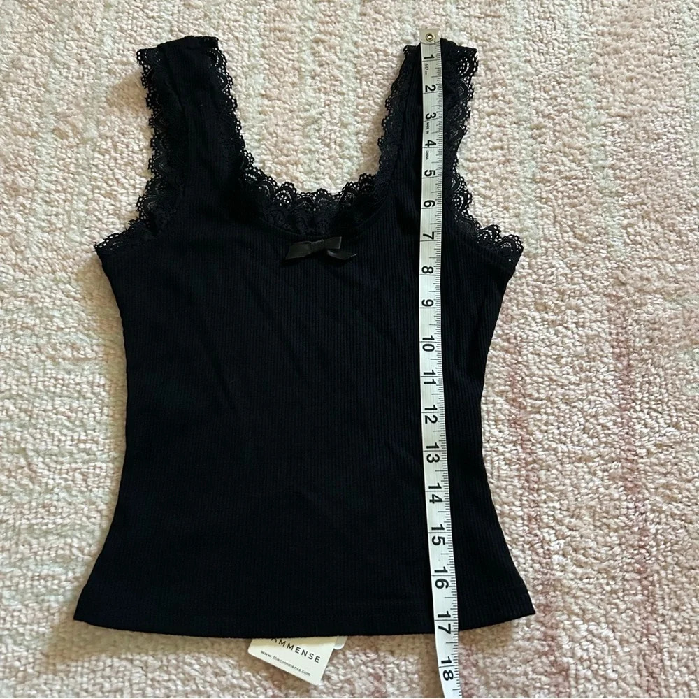 NWT Commense Lace Trim Crop Tank Top Ribbed Bow Front Size XS Black - Picture 9 of 10